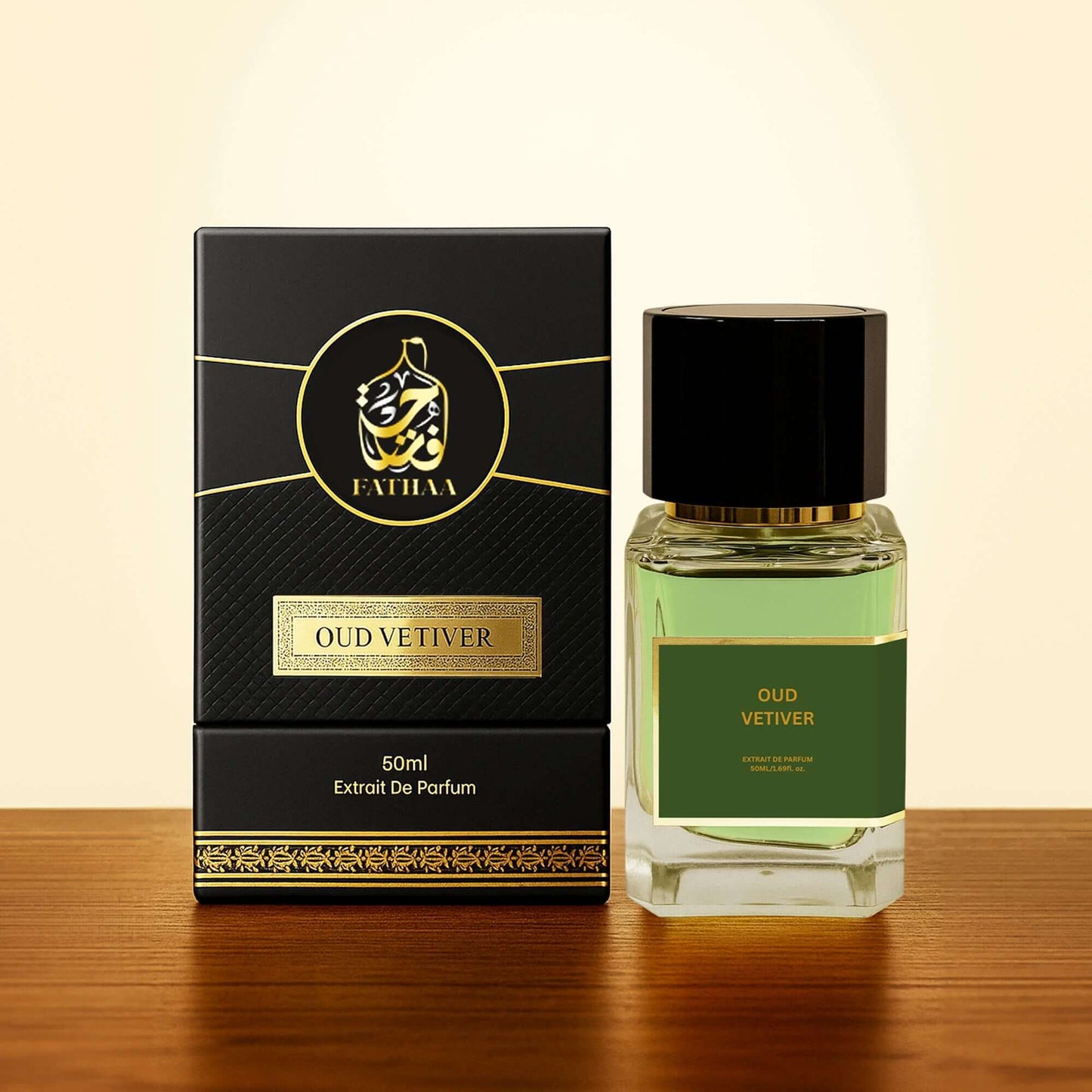 Vetiver oud perfume India 50 ml Extrait De Parfum by Fathaa, featuring a glass bottle and elegant packaging.