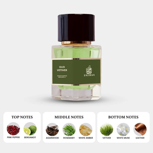 Vetiver oud perfume India | 50 ml bottle with top notes of pink pepper and bergamot, middle notes of agarwood and rosemary.