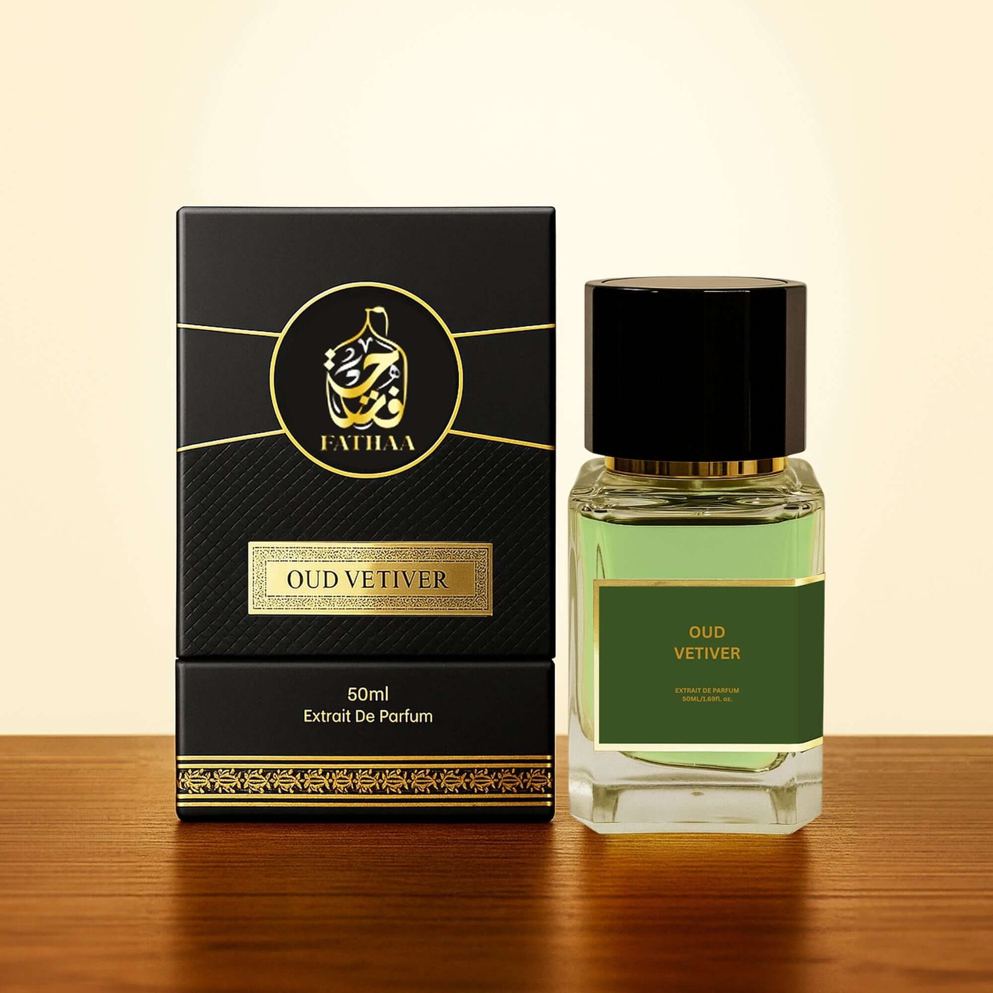 Vetiver oud perfume India 50 ml Extrait De Parfum by Fathaa, featuring a glass bottle and elegant packaging.